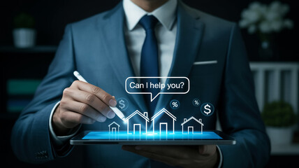 A professional business photo of a person in a dark suit and tie using a digital tablet with holographic interface elements.