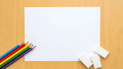 Blank white paper with colorful pencils and erasers on a wooden desk