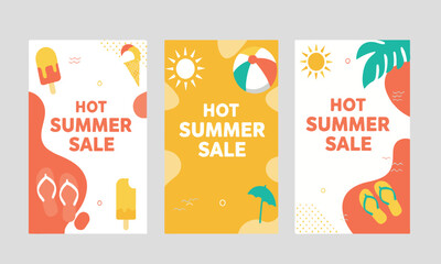 Fototapeta premium Triple panel summer sale vector design with vibrant icons, ideal for Instagram carousel, website banners, and product promos