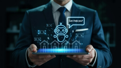 A professional business photo of a person in a dark suit and tie using a digital tablet with holographic interface elements.