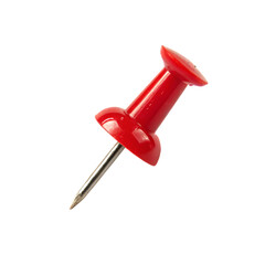 A single red plastic push pin or thumbtack for posting notes on a board isolated on a transparent background png