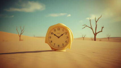 Melting Yellow Clock in Desert Landscape, vintage film look of surreal timepieces warping under 1960s film grain and soft blur tones