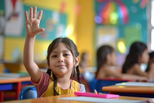 Little chubby latina student raise her hand architecture classroom school.