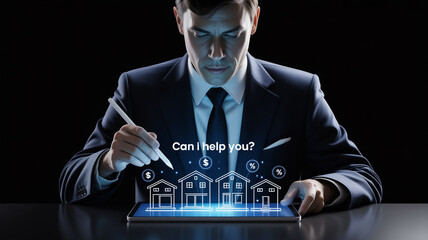 A professional business photo of a person in a dark suit and tie using a digital tablet with holographic interface elements.