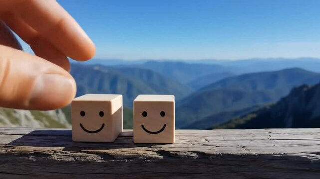 Human hand uniting two wooden blocks with smiley faces against a beautiful mountain background