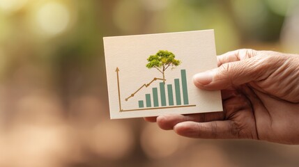 Hand Holding a Business Card with a Tree and Growth Graph Illustrating Environmental Finance and Sustainability