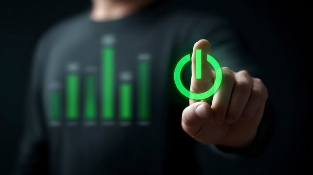 Businessman Using Finger to Activate Digital Power Button Over Data Graph in Dark Environment