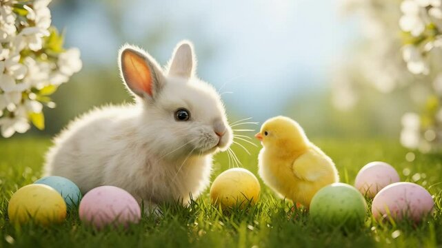 Adorable white bunny rabbit and yellow chick with colorful Easter eggs on spring grass