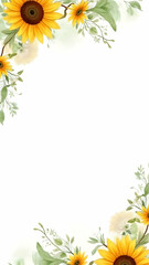 Fototapeta premium Watercolor realistic border with sunflowers and green foliage on white background