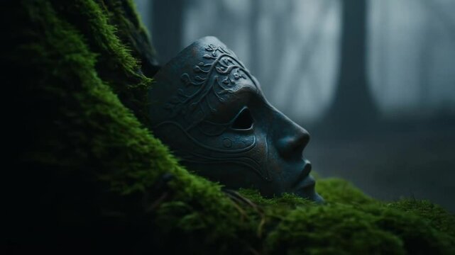 Mysterious ancient mask with detailed engravings resting on green moss in the forest