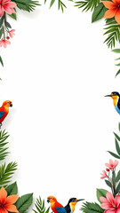 Naklejka premium Realistic border of tropical birds and flowers on white background