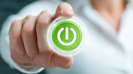 Hand Pressing Green Power Button Symbolizing Technology Activation and Energy Control