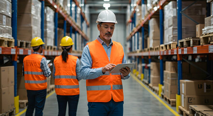 Warehouse Manager Overseeing Inventory Using Digital Tablet Efficient Logistics Team Collaboration Modern Supply Chain Management Industrial Teamwork Professional Workers Hard Hats Safety Gear Warehou