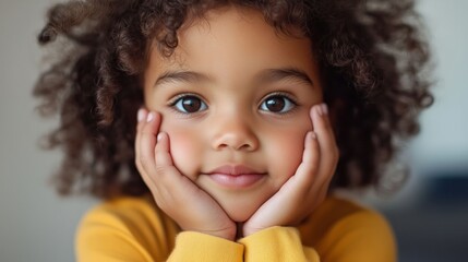 Close-up of a cute mixed-race little girl with curly hair and hands under her chin, looking at the camera.