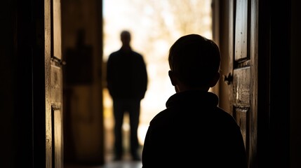Dramatic backlit silhouette of a young boy standing in a doorway, facing an unknown adult figure in soft focus outside.