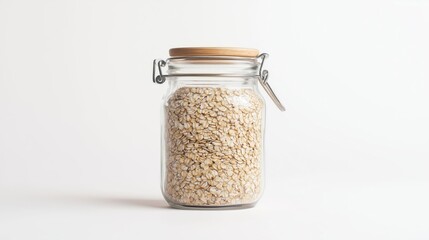 Glass jar filled with steel-cut oats on a white background. Healthy eating and natural products.