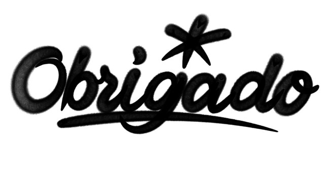 Graffiti tag "Obrigado" in bold black spray paint with drip style on transparent background. Brazilian thank you with street art vibe.