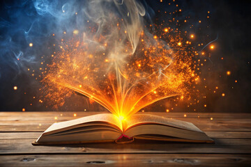 An open book on a wooden table emits a magical burst of orange sparks and blue smoke