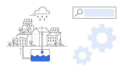City buildings with solar panels, rainwater collection tank, search bar, gears, emphasizing renewable energy, water conservation, environmental sustainability. Ideal for green innovation, smart city
