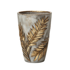 Elegant Decorative Vase with Gold Leaf Pattern and Textured Gray Finish for Home Decor and Interior Design