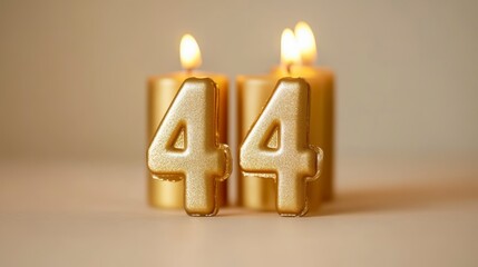 Two gold candles with number 44 lit, celebrating a 44th birthday or anniversary.