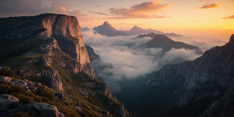 Golden Hour Mist Over a Mountain Ridge A breathtaking, atmospheric landscape with rolling mist enveloping mountain peaks, bathed