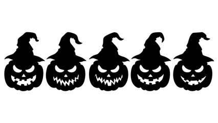 Set of black pumpkins in hats silhouette on tranparent background