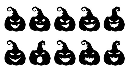 Set of black pumpkins in hats silhouette on tranparent background
