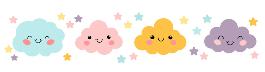 Cute clouds set in cartoon flat style vector illustration. Cloud for decoration, newborn, nursery, stickers