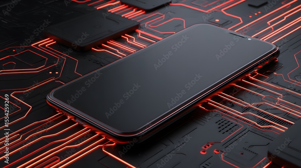 Aufkleber modern smartphone resting on a circuit board with glowing red lines