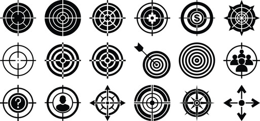 Target and aim icon set black silhouette vector with multiple crosshairs aiming, shooting or focus concept aiming marks and shooting symbols vector design.
