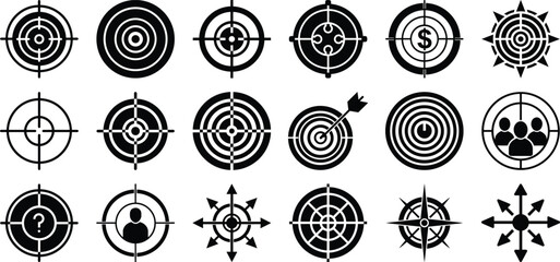 Target and aim icon set black silhouette vector with multiple crosshairs aiming, shooting or focus concept aiming marks and shooting symbols vector design.