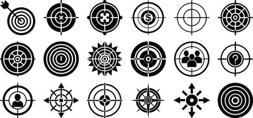 Target and aim icon set black silhouette vector with multiple crosshairs aiming, shooting or focus concept aiming marks and shooting symbols vector design.
