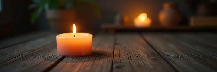 A calming mood candle illuminates a cozy scene, casting a warm glow on a rustic wooden surface Perfect for relaxation, self-care, and creating a tranquil atmosphere in any room , comfort, bedroom