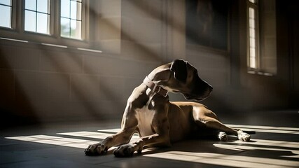Great Dane rests in sunlit room, calm and watchful. Canine portrait perfect for pet product ads, home decor, veterinary services, and pet adoption campaigns.