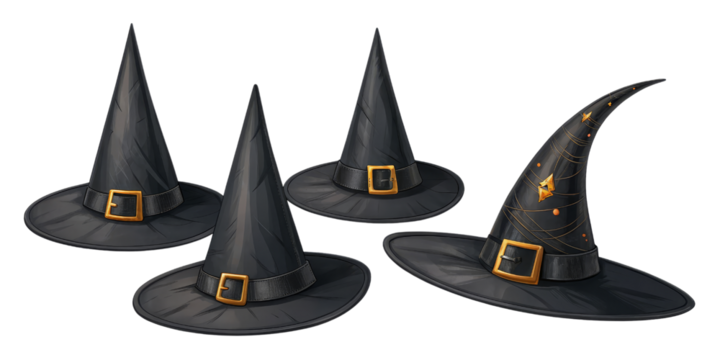 Four Witch Hats Halloween Clipart, Isolated on Transparent Background, illustration, digital art, Halloween, witch, hats