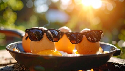 Cool Egg: A fun and quirky image of sunny-side-up eggs, each sporting sunglasses, sizzling in a pan under the warm summer sun, a playful take on breakfast cuisine.
