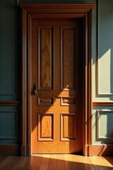 A classic interior wooden door, slightly ajar, revealing a glimpse of the room beyond Warm light spills from the adjacent room, casting shadows on the door's surface , space, clean