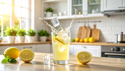 Lemonade Splash in Bright Kitchen: Refreshing glass of lemonade with ice cubes mid-splash in a sunlit kitchen, highlighting a crisp, invigorating moment of homemade goodness.