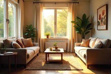 Fototapeta premium A cozy living room, sunlight streaming through a window, highlighting comfortable furniture and warm decor, perfect for senior living , homey, healthcare