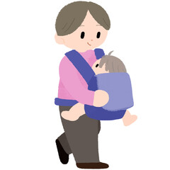 母親が抱っこ紐で赤ちゃんを抱っこして歩く手描きのかわいいイラスト