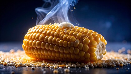 A corn kernel bursts into bloom amid steamy butter clouds&mdash;crackling, hot, and richly textured.