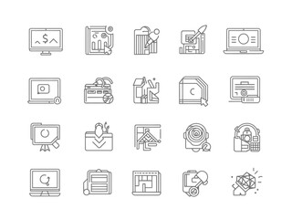 A set of business and finance icons for web and mobile design, featuring symbols for communication, technology, and office functions