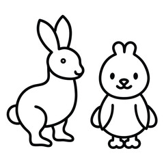 Cute cartoon bunny and chick standing together in outline style