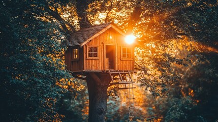 Treehouse in forest at sunset offers peaceful retreat