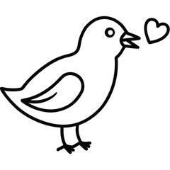 Cute cartoon bird with a heart symbol in its beak on a white background