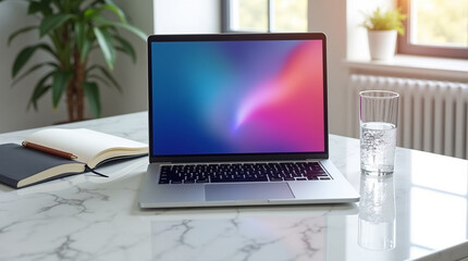 Fototapeta premium A laptop sits on a marble desk with a notebook glass of water and plant