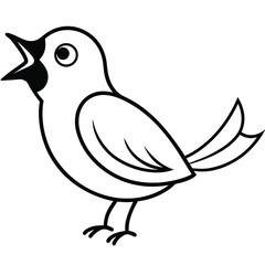 Simple cartoon black and white outline of a bird singing with its beak open