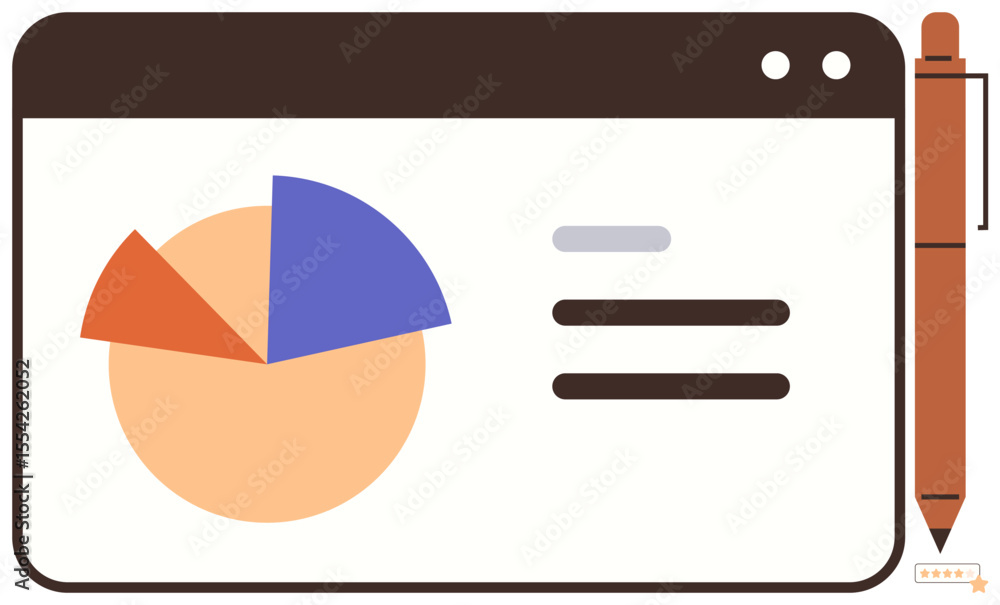 Poster pie chart with three segments beside text lines on web-thumbs up interface, accompanied by a pen. id