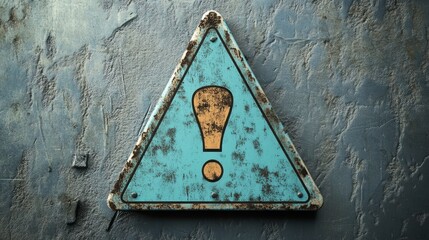 Weathered triangular warning sign with exclamation mark on grunge background.